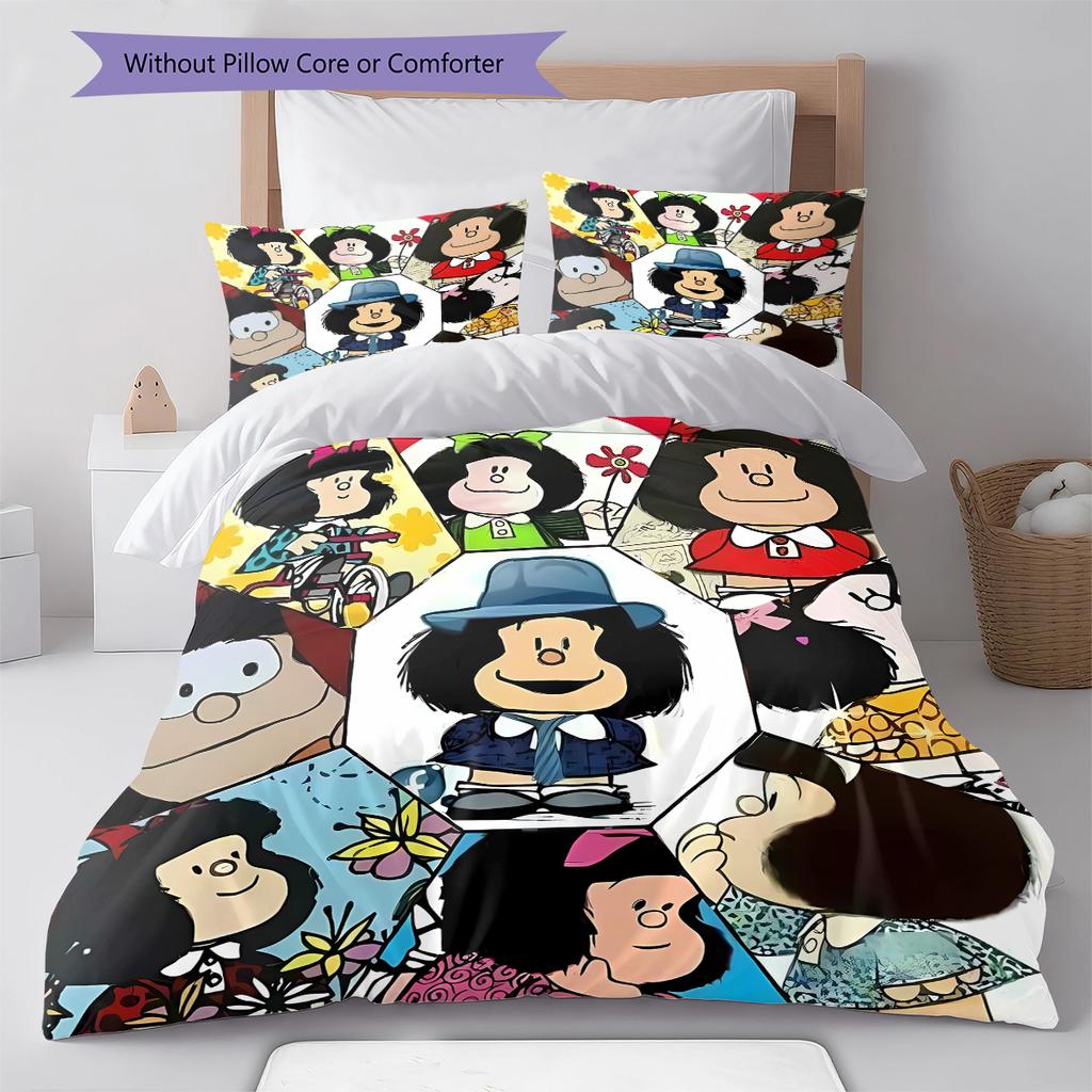 Pościel z wzorem Mafaldy, Zestaw kołdry Poszewka na kołdrę Poszewka na poduszkę Domowy prezent urodzinowy (1 * poszwa na kołdrę + 2 * poszewki na poduszki, bez rdzenia)