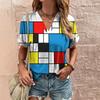 Retro Geometric Color Blocked 3D Printed Women's Fashionable V-neck Short Sleeved T-shirt