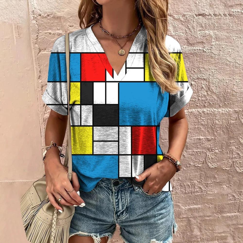 

Retro Geometric Color Blocked 3D Printed Women s Fashionable V-neck Short Sleeved T-shirt S