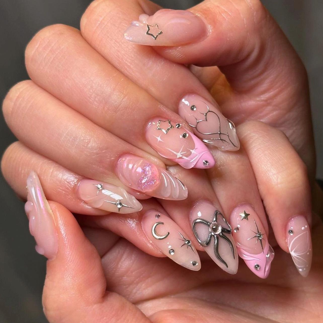 Pink 3D Bow Heart Fake Nails - Short Almond Valentine s Day French Nail Tips