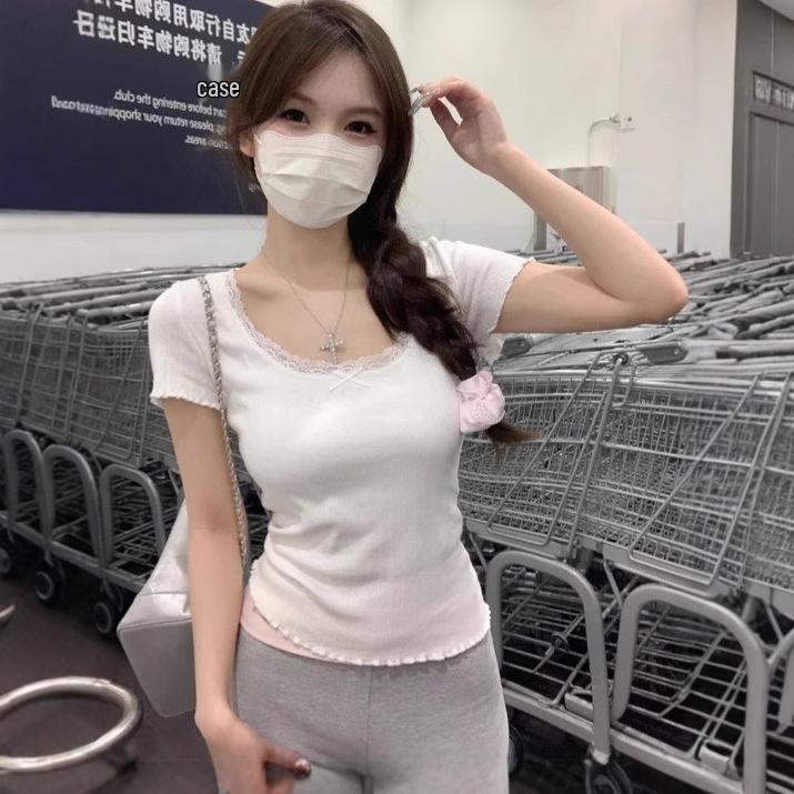 White Lace Slimming Women's Summer Short Sleeve Top