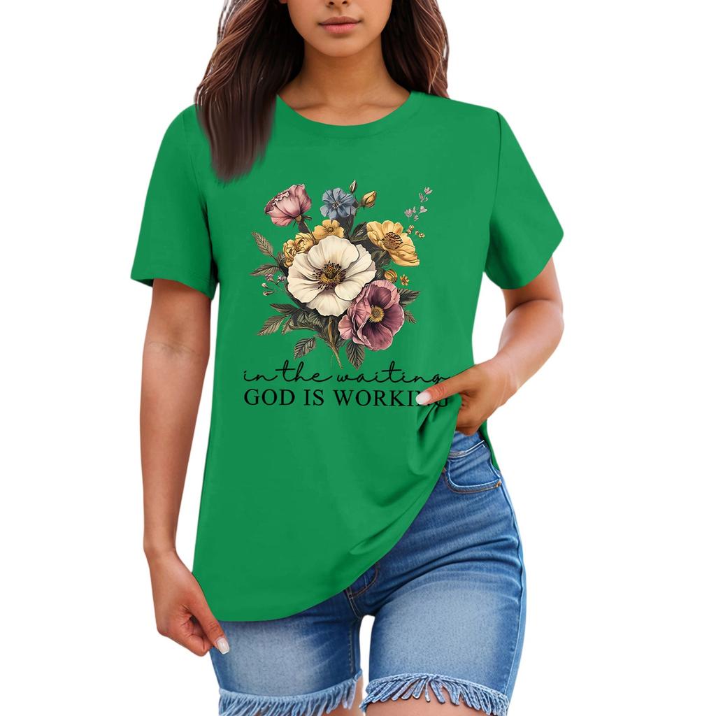 Ladies' Loose Comfortable Casual Fashionable Plant Flower Printed Round Neck Short Sleeved Shirt