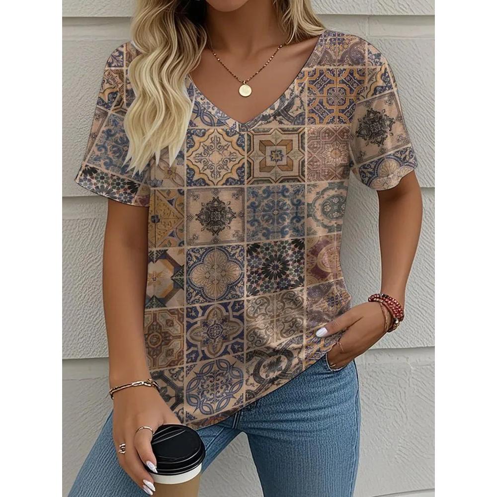 Simple Women's Striped Printed V-neck Top Casual Versatile Short-sleeved Fashion T-shirt Comfortable T-Shirts Women’s