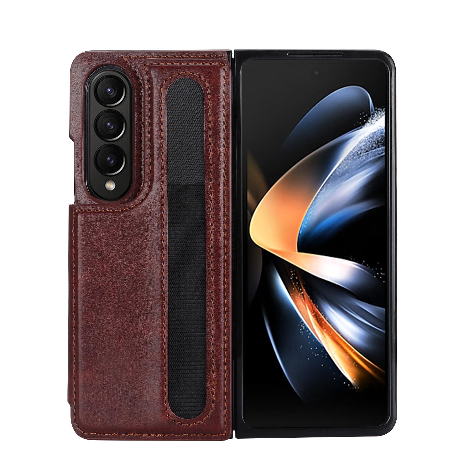 

Подходит для нового складного чехла для мобильного телефона Samsung Z Fold5 с отделением для ручки, кожаный чехол для мобильного телефона Z Fold4 с двойной пряжкой и держателем для карт Z Fold 5 коричневый