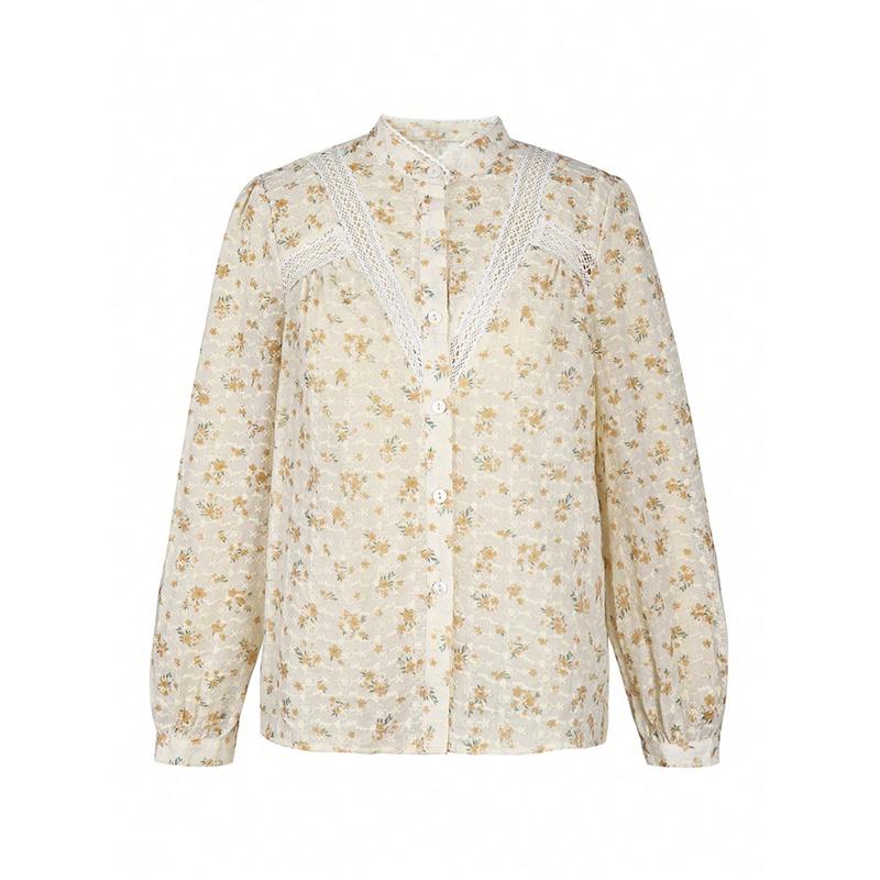 Spring Women's Casual Elegant Lace Print Blouse Polyester Spandex Floral Print Long Sleeve Round Neck Regular Sleeve Shirt