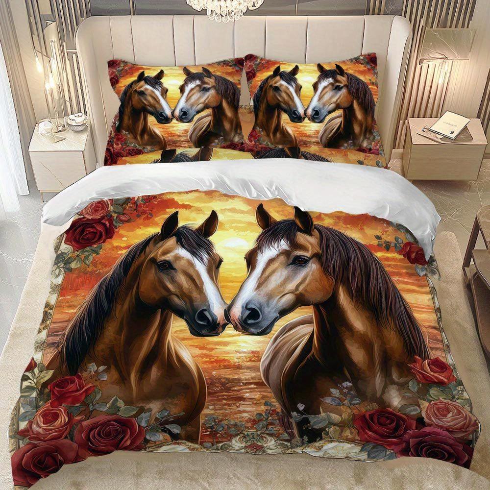 2/3Pcs Elegant Horse And Rose Duvet Cover Set - Vibrant Sunset Design With Two Galloping Horses Red Roses & Golden Accents