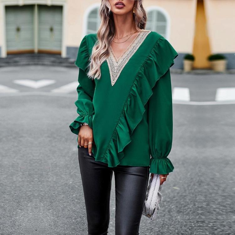 Women's Casual Loose Blouse Autumn Commuter V Neck Ruffles Long Sleeve Lace Shirt Top