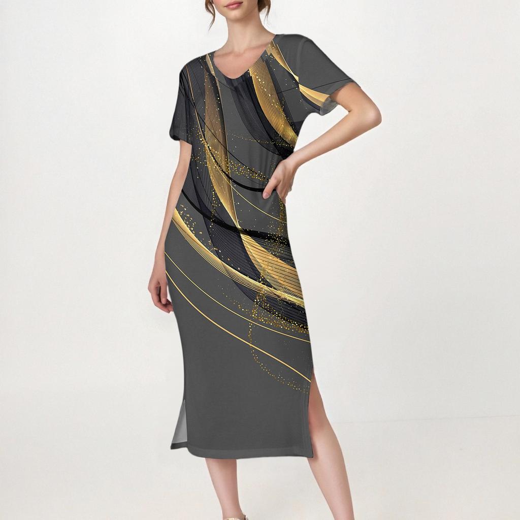 Women's Casual Print V-Neck Short Sleeve Hem Slit Dress With Pockets