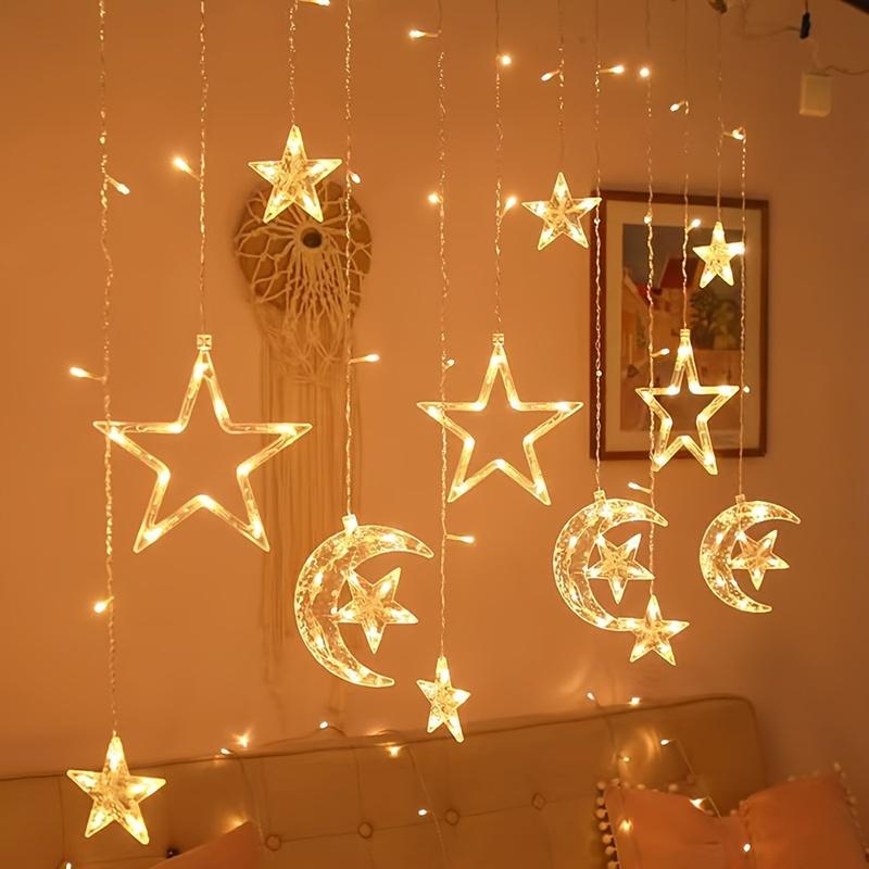 1 Set LED Fairy Curtain Lights - Star and Moon Design Hanging Decor - Battery Operated (3 AA Not Included) - Perfect Gift for Home Decor Lovers