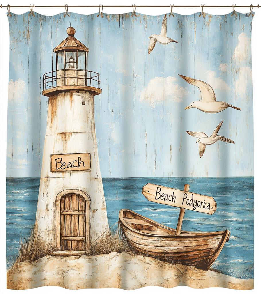 1pc Blue Beach, Lighthouse, Seaside Scenery Print Waterproof Shower Curtain Partition Privacy Hanging Curtain with 12 Hooks
