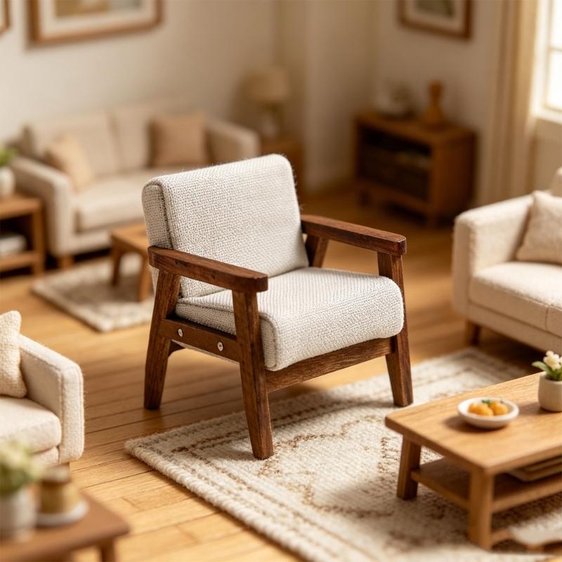 Model Home Furniture Chair 1:12 Scale Wood Frame, Padded Fabric Seat for Small Living Room Layouts and Builds Use