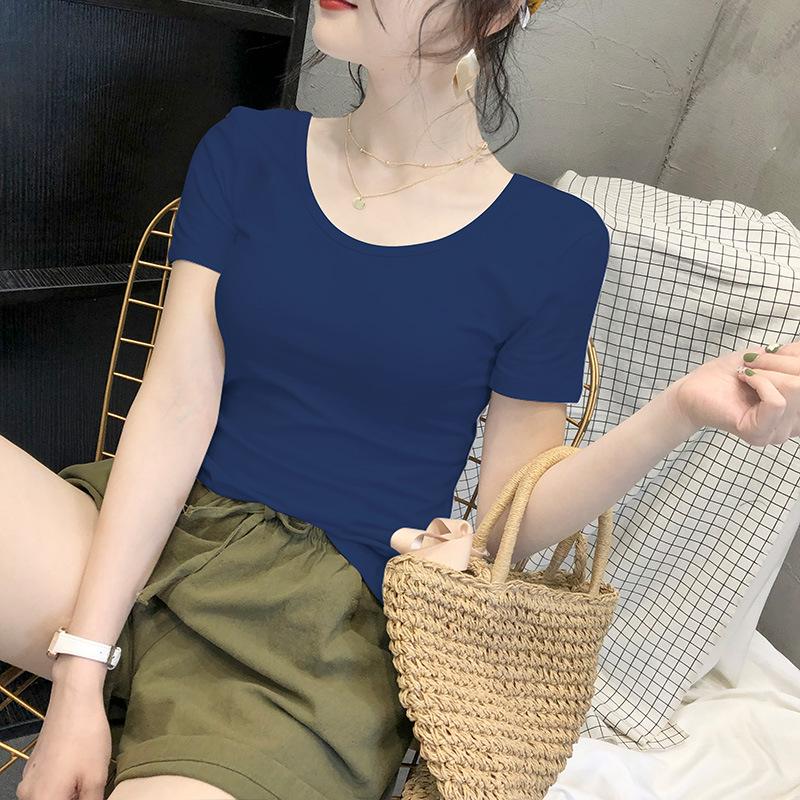 Women's White Short-Sleeve Crew Neck T-Shirt, 2024 Spring/Summer, Slim Fit, Pure Cotton, Basic Top