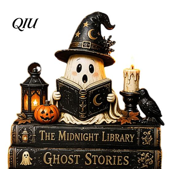 Halloween Party Tabletop Centerpieces Reading Ghost Figurine, Wooden Desktop Ornaments, Vintage Pumpkin Decor Statue with Stand for Home Fireplace