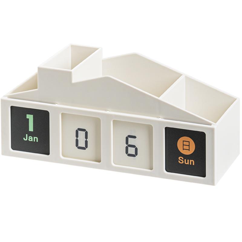 Multi Functional Creative Perpetual Calendar Pen Holder, Desktop Large Capacity Partitioned Ornament Pen Holder