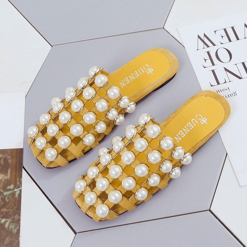 

мода Женская мода повседневная жемчужная мюли с бусинами и заклепками на плоской подошве однотонные сандалии с жемчугом повседневные нескользящие шлепанцы на плоской подошве легкие 40 жёлтый