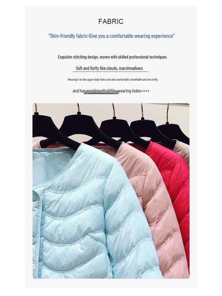 Women's Slim Fit Collarless Lightweight Down Cotton Jacket - Warm, Thin, and Padded Short Base Layer Coat
