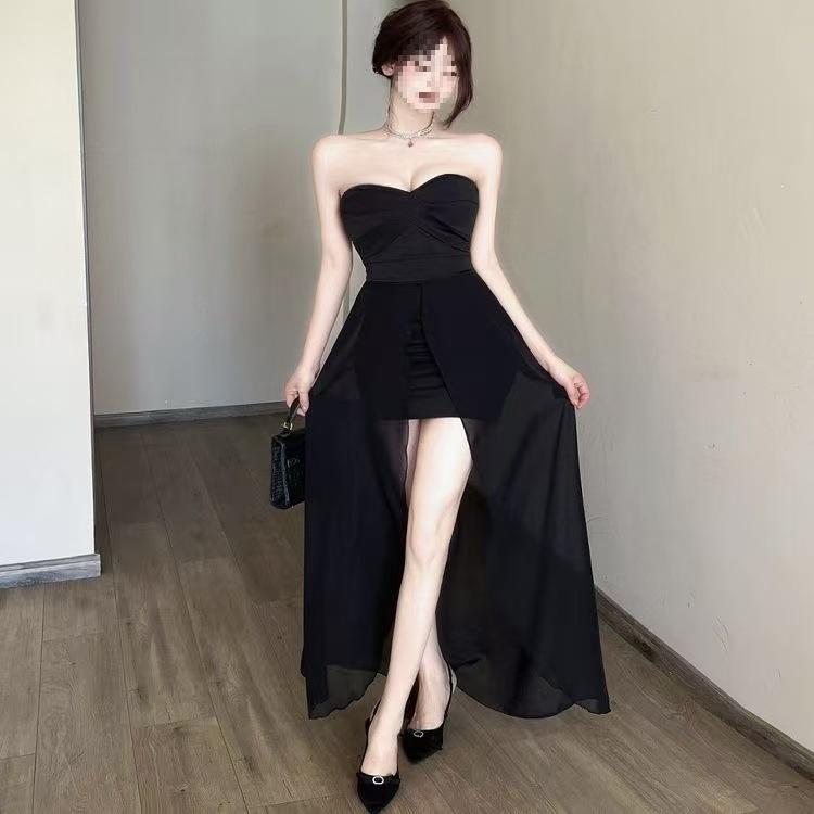 French Style Pure Desire One-word Shoulder Tube Top Super Fairy White Dress Irregular Mesh Exposed Legs Design Hip-wrapped Long Dress
