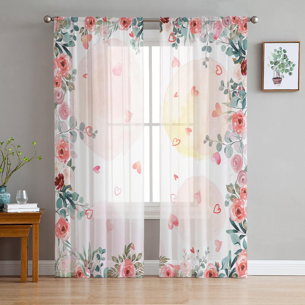 Snow Lotus Branches Leaves Flower Plant Sheer Curtains for Living Room Tulle for Windows Voile Yarn Short Bedroom Curtains