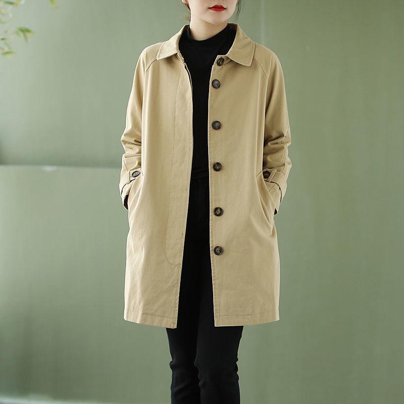 Women's Plus-Size Washed Cotton Trench Coat, Mid-Length, Loose Fit, Korean Style, for Spring and Autumn.