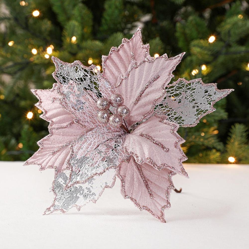 New 24cm Poinsettia Glitter Flower DIY Large Christmas Flowers Wedding Decor Fake Flowers Xmas Tree Decorations