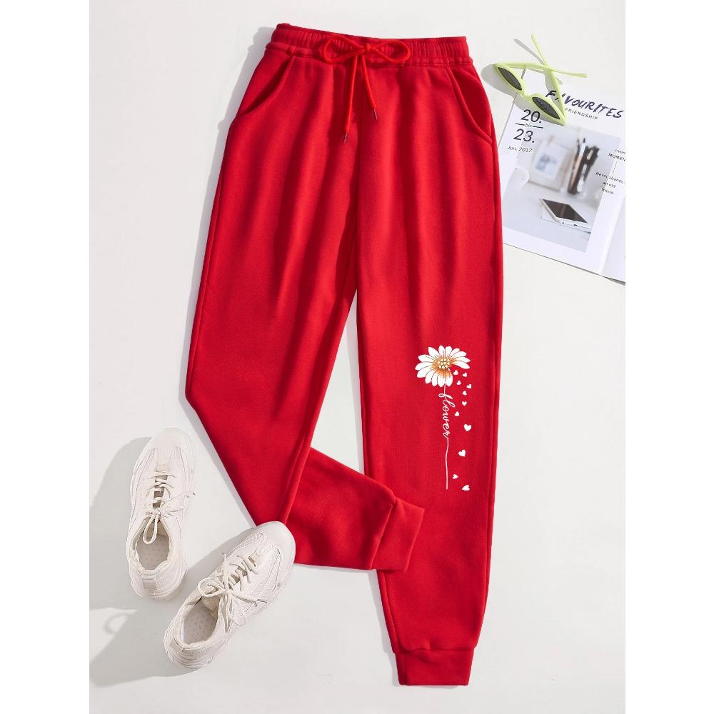 Creative Love Flower Print Women Elastic Waist Pants Jogger Fleece Drawstring Long Pant Fashion Sports Sweatpants