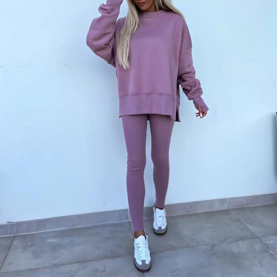 2 Pcs/Set Women Top Pants Suit Round Neck Long Sleeve Irregular Hem Sweatshirt Elastic Waist Solid