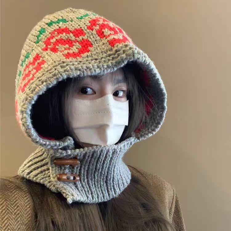 

Korean Style Flower Knitted Balaclava for Women Winter Warm Wool Hat Neck Warmer Ear Guard Integrated Beanie серый