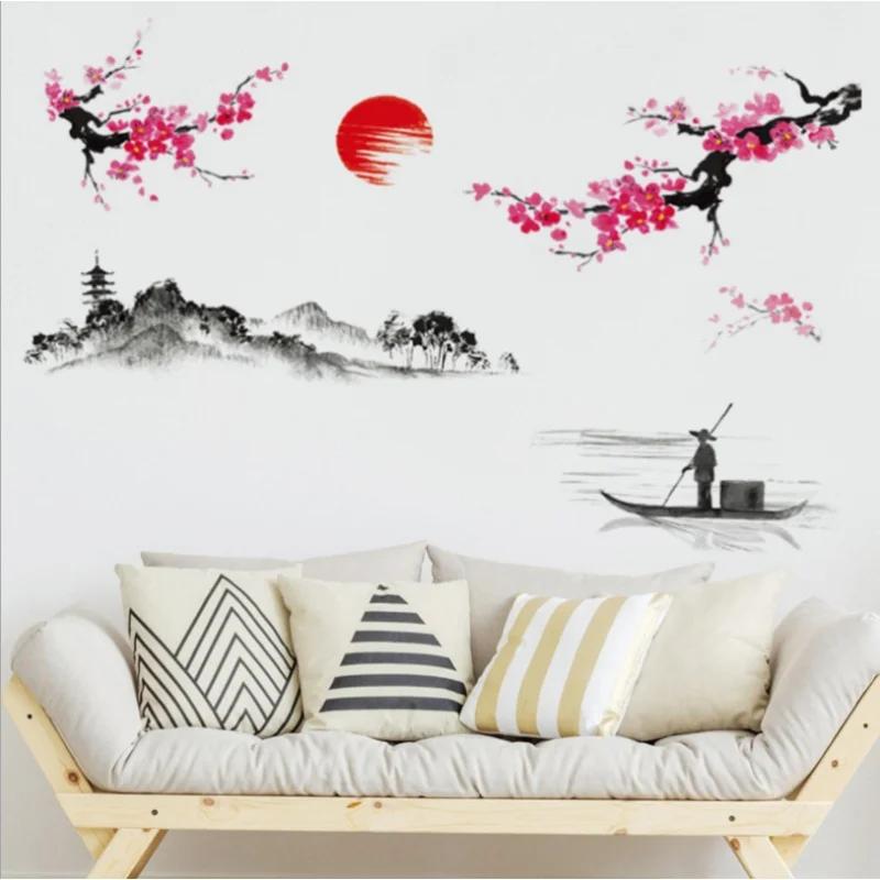 Plum Sunrise Landscape Chinese Style Art Wall Stickers Living Room Bedroom Background for Home Decoration Mural Decals Wallpaper