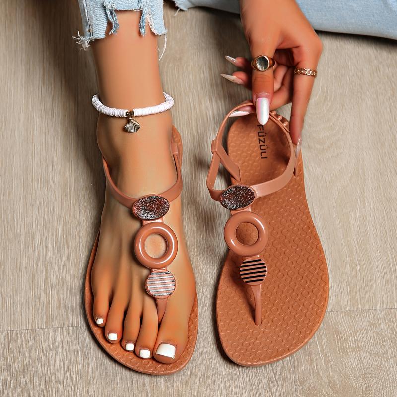 Fashion Bohemia Button Decoration T Shape Sandals Women Summer Round Toe Low Heel Flip Flops Casual Ankle Strap Beach Waterproof Sandals