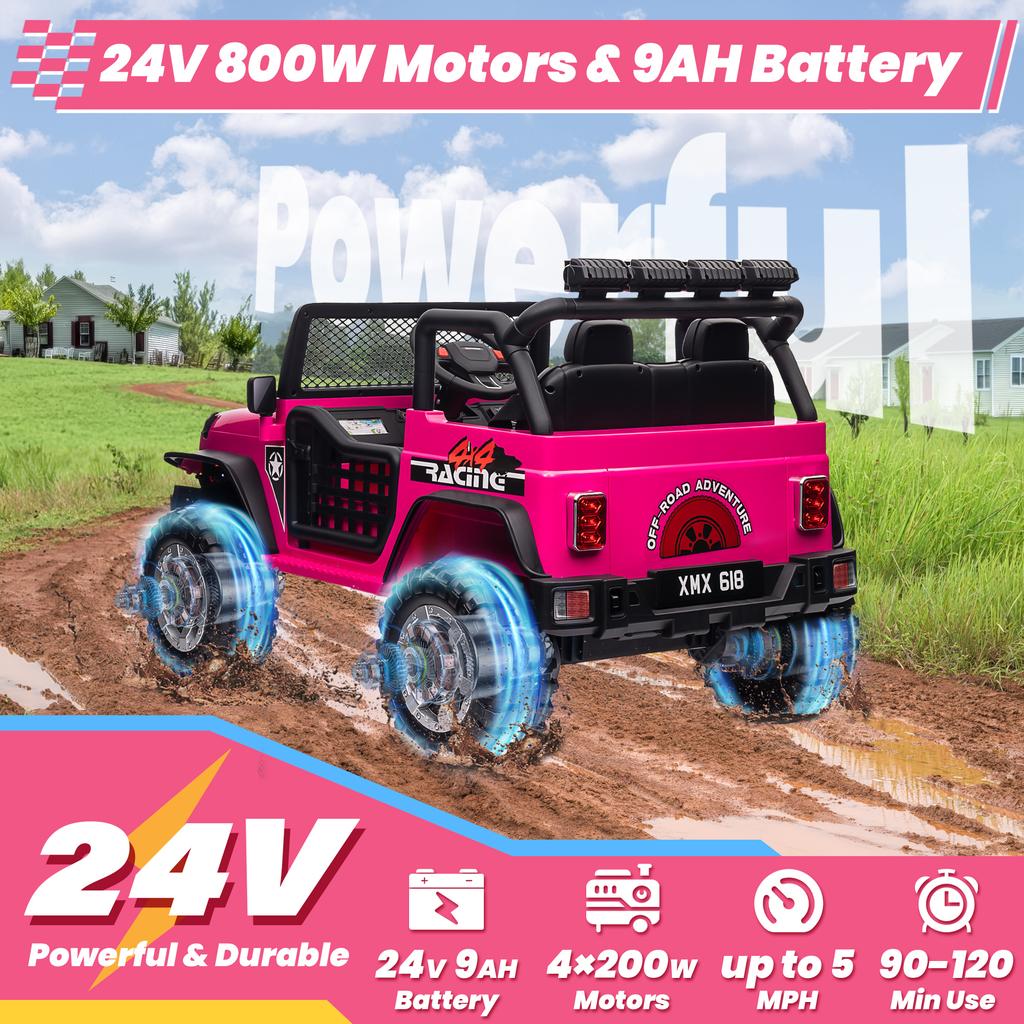 24V 4WD Ride on Car Power 4 Wheels w/Gift Flower, Remote Control, 2 Seater, 4X200W Motor, 3 Speeds, Pop Music, Spring Suspension
