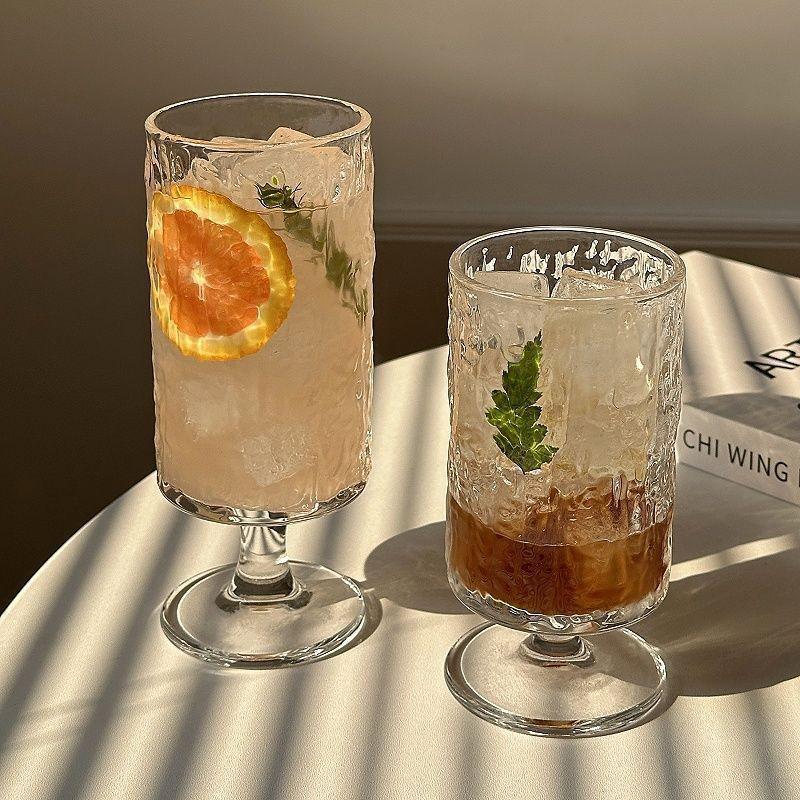 High-Stem Juice Glass: Tree Grain Design, Straight Cylinder, Transparent for Home Use, Perfect for Fruit Tea, Sparkling Water, or Cocktails.