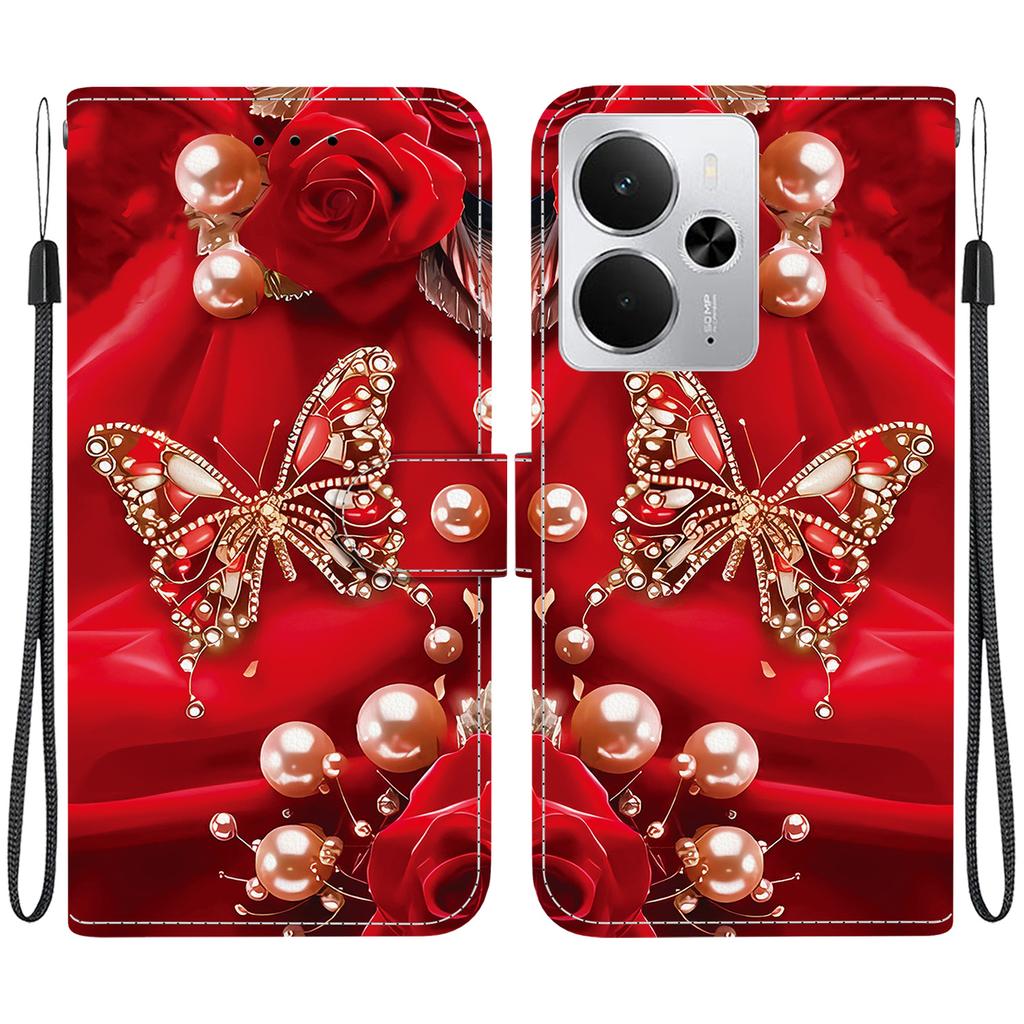 Ręcznie robione etui z klapką z PU skóry dla Realme 14, antypoślizgowe, wstrząsoodporne etui z paskiem na nadgarstek i wzorami serca/róży/kota