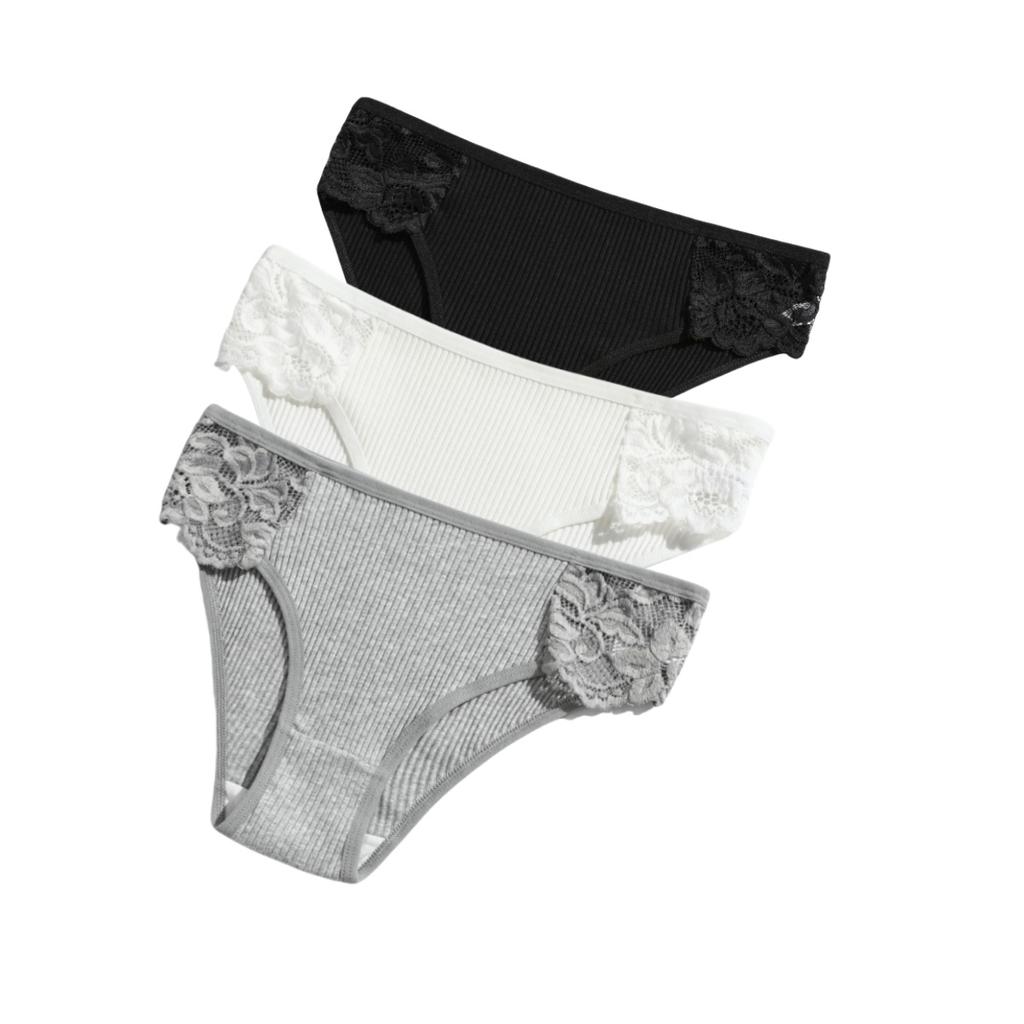 3Pcs/set Women Cotton Panties Low-Rise Underwear Patchwork Lace Briefs Female Soft Underpants Sexy Lingerie S-XL