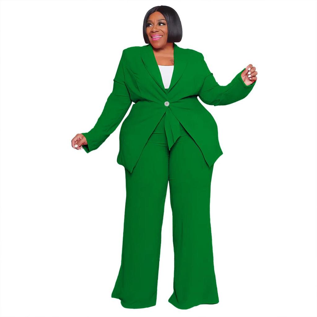 European & American Plus Size Women's Professional Casual Two-Piece Set - Long Sleeve Top & Pants with Tie