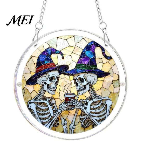 Decorative Glass Effect Pendant Halloween Acrylic Puzzle Window Suncatcher, Stained Style Hanging Ornament Retro Skeleton Pumpkin Crow with
