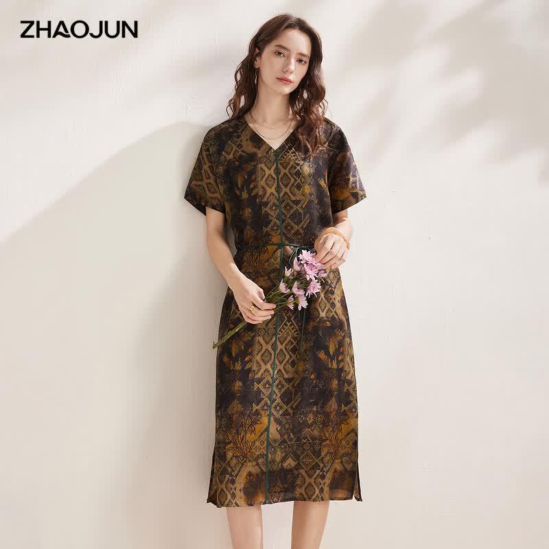 Zhaojun 2026 Mulberry Silk Printed Short-Sleeve Dress XL
