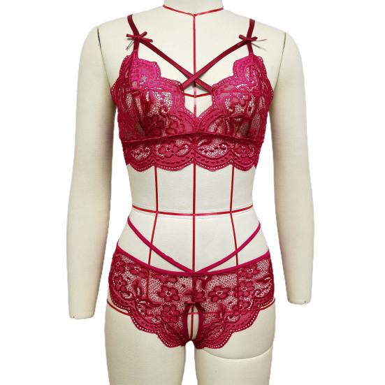 2 Pcs/Set Sexy Underwear Hollow Out Lace Solid Color Wireless Unpadded Open Crotch Elastic Bow Decor Multi Straps Soft