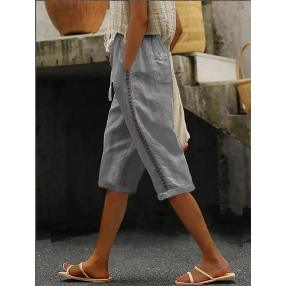 

5XL, Summer New Fashionable Woven Cotton and Hemp Side Lace Hollow Out Casual Pentagram Pants XS сірий колір