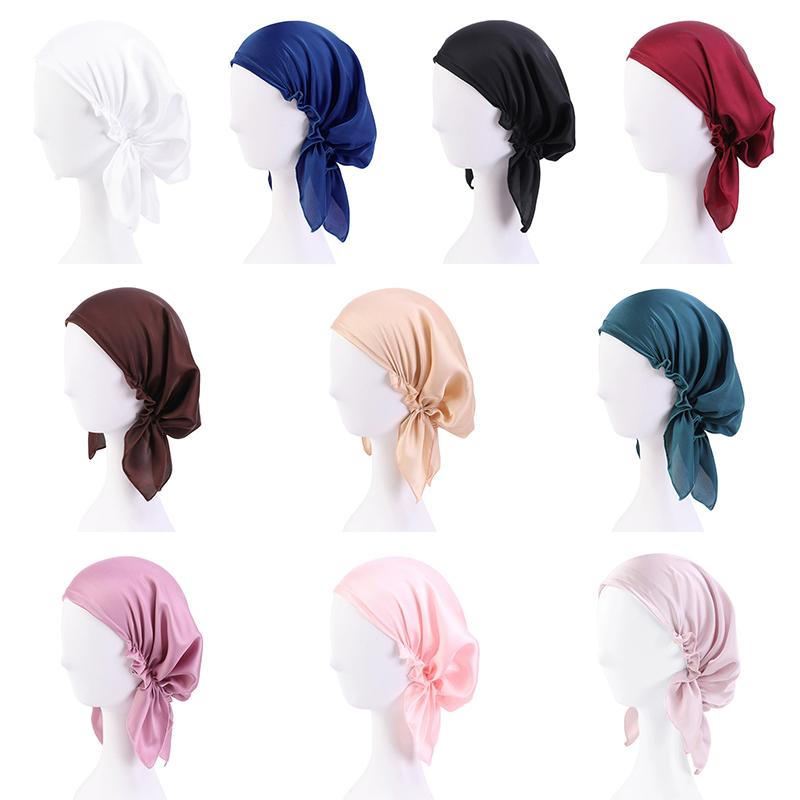 1Pc Women's Comfortable Headscarf Turban Head Cover Solid Color Hair Care Bonnet Hat Night Sleep Cap Imitated Silk