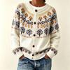 Womens Oversized Crew Neck Knit Cardigan With Color Block Jacquard Acrylic Blend Loose Fit Sweater Fall Winter