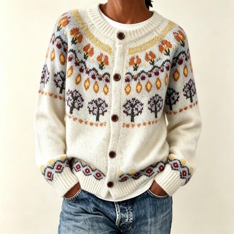 Womens Oversized Crew Neck Knit Cardigan With Color Block Jacquard Acrylic Blend Loose Fit Sweater Fall Winter