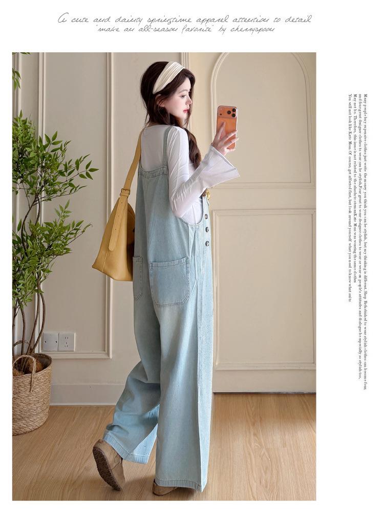 2026 Chic Rhinestone Wide-Leg Maternity Denim Overalls & Flare Sleeve Set