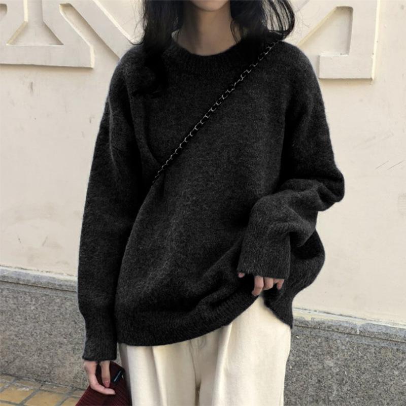 Women's Solid Color Crew Neck Pullover Sweater Loose Lazy Fit Long Sleeve Knit Top Fall Versatile Casual Knitwear