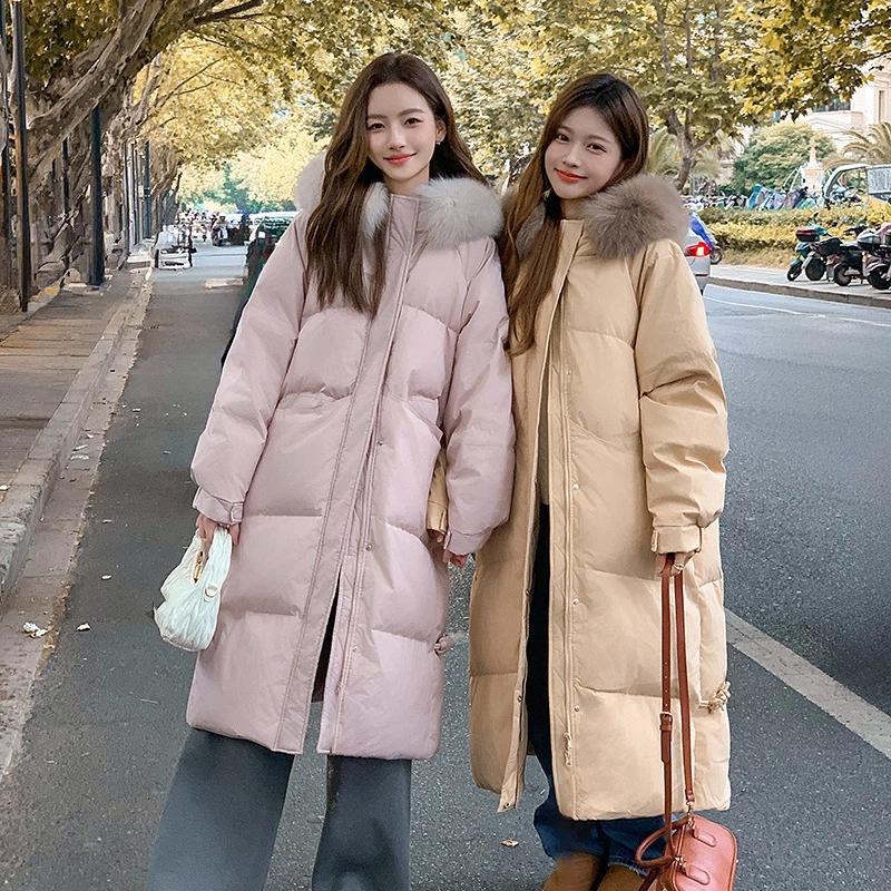 Women’s Over Knee Length Hooded Windproof Thicken Warm Winter Jacket with Big Fur Collar