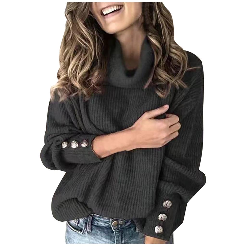 Women Turtleneck Pullover Button Long Sleeve Loose Knitted Sweater Tops