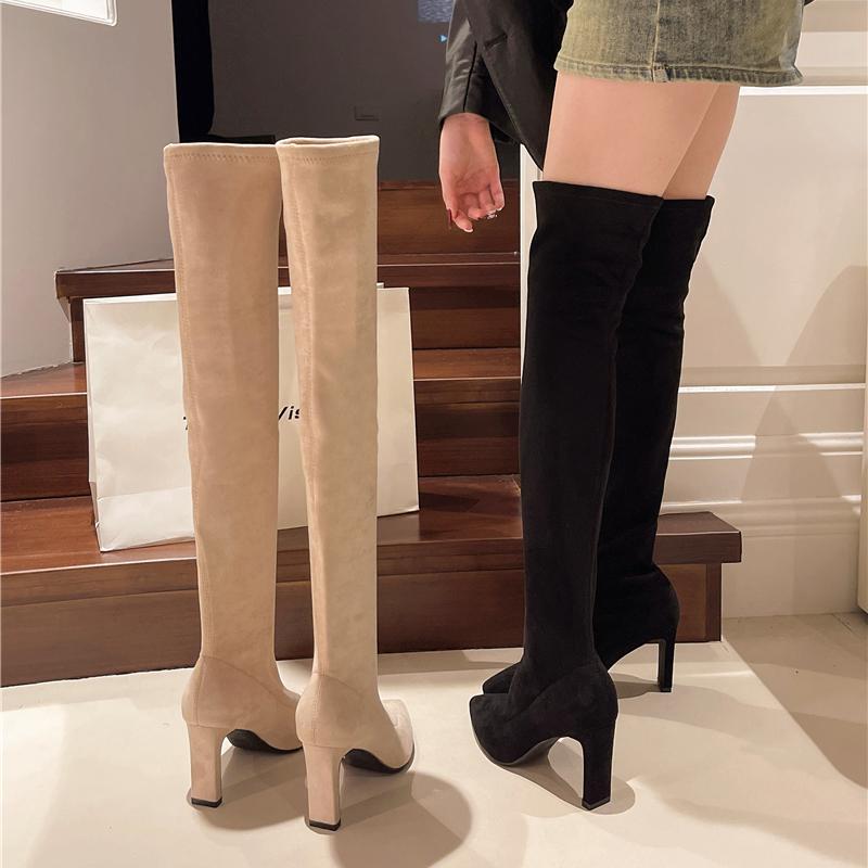 New Women's Over-the-knee Boots Pointed Tip Keep Warm Retro Breathable Knee High Boots Suede Fashion Velvet Lining High Heels