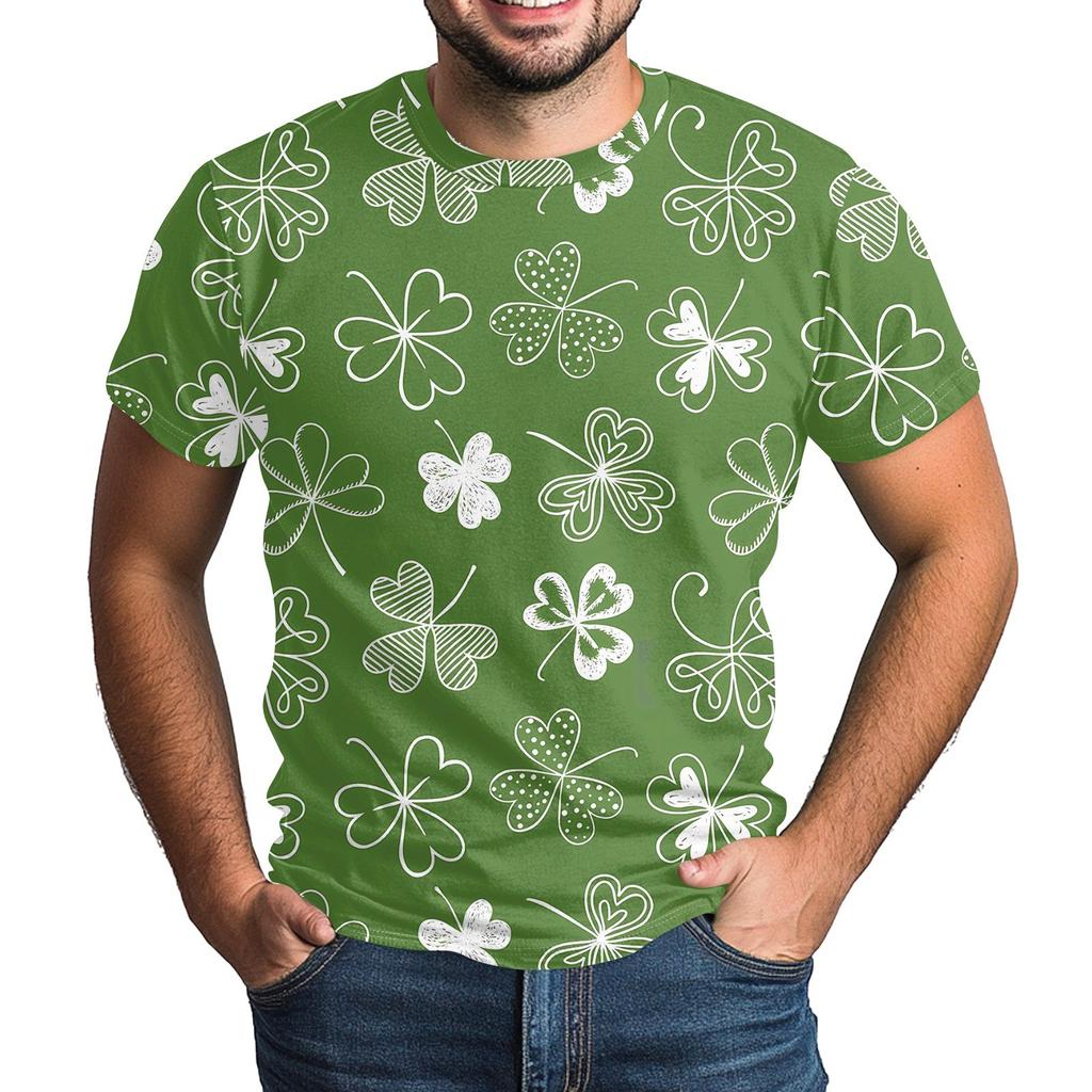 St. Patrick's Adult Green Crew-neck Short-sleeved Printed Green Three-leaf T-shirt