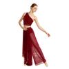 Abbigliamento da Danza da Donna Crop Top Asimmetrico con Strato Superiore e Strass, Monospalla in Rete Arricciata, con Pantaloncini Integrati per Performance Lirica