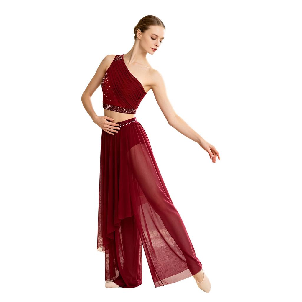 Abbigliamento da Danza da Donna Crop Top Asimmetrico con Strato Superiore e Strass, Monospalla in Rete Arricciata, con Pantaloncini Integrati per Performance Lirica