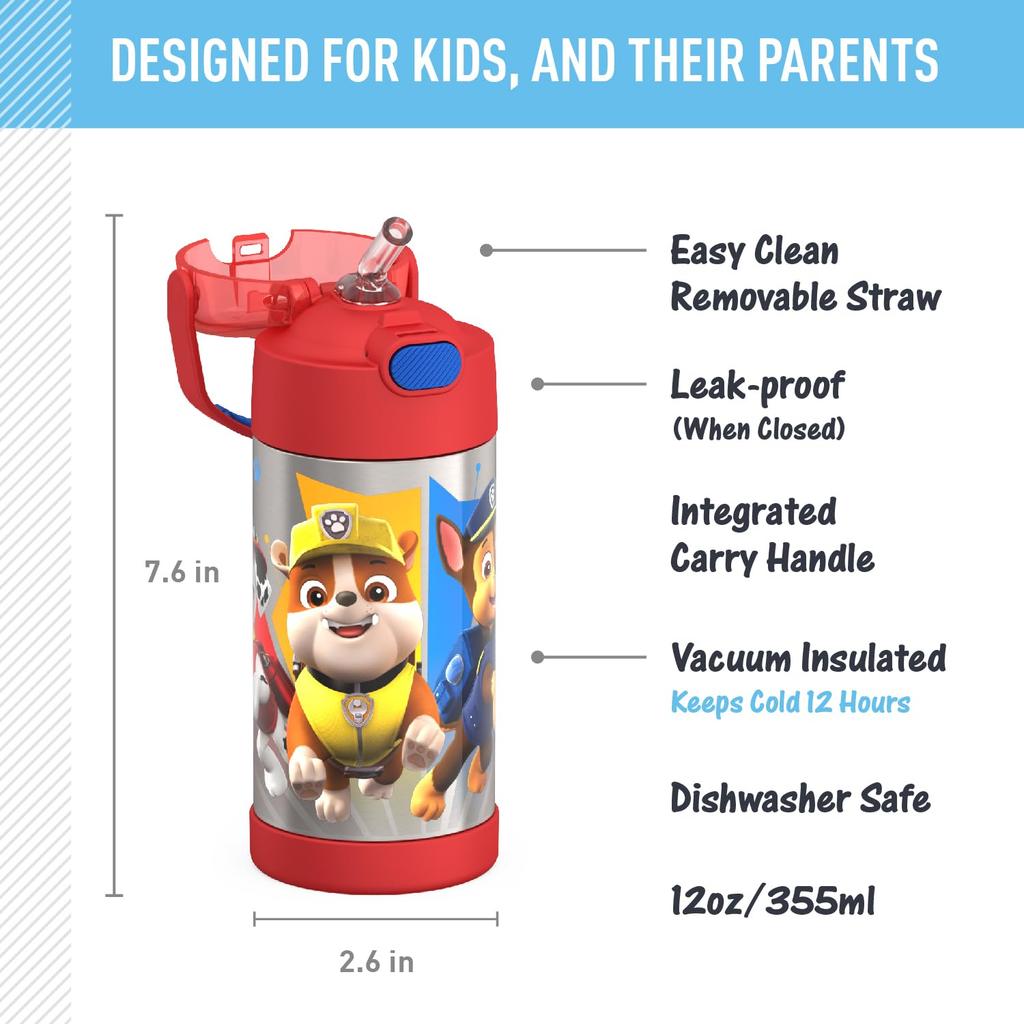 THERMOS FUNTAINER 12oz Stainless Steel Vacuum Insulated Kids Straw Bottle Blue Paw Patrol